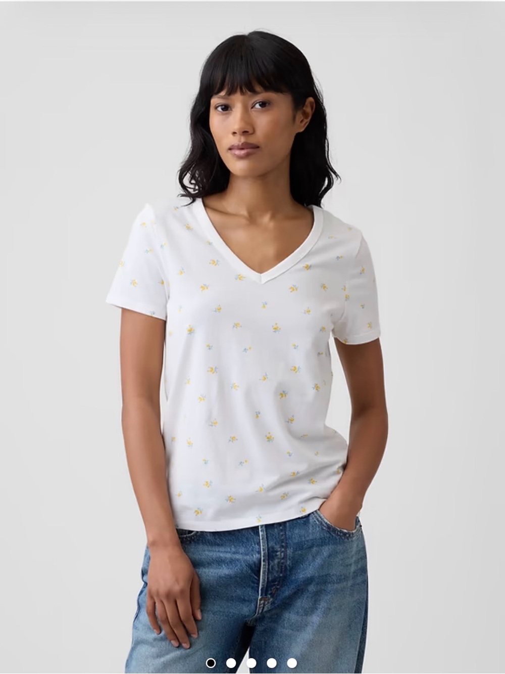 Old Navy White V-Neck Tee with Yellow Floral Print